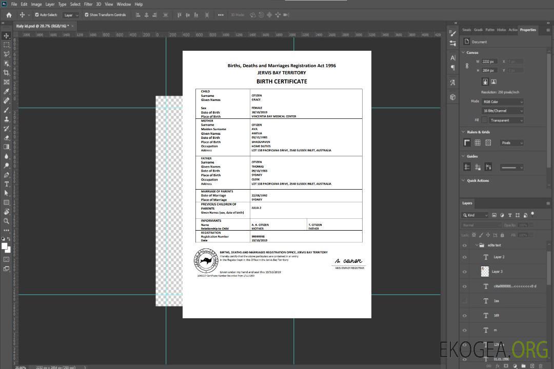 Modèle d'acte de naissance du territoire australien de Jervis Bay au format Word et PDF template